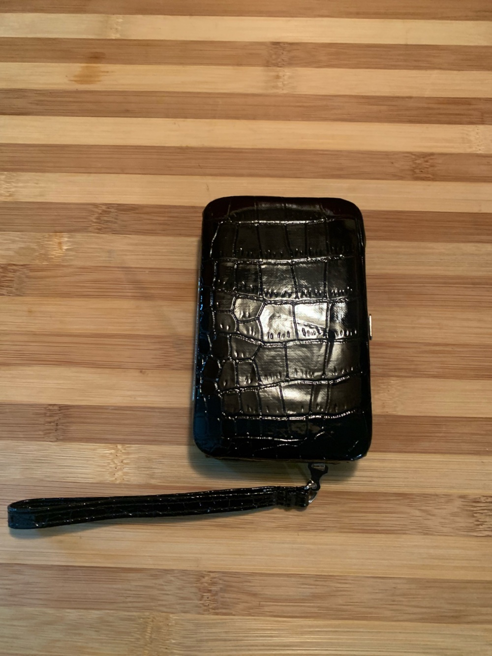 Croc-Embossed Patent Wristlet Clutch or Cigarette Case in Black